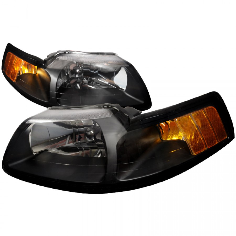 (image for) 99-04 MUSTANG HEADLIGHTS BLACK- CRYSTAL HOUSING W/AMBER REF - Click Image to Close