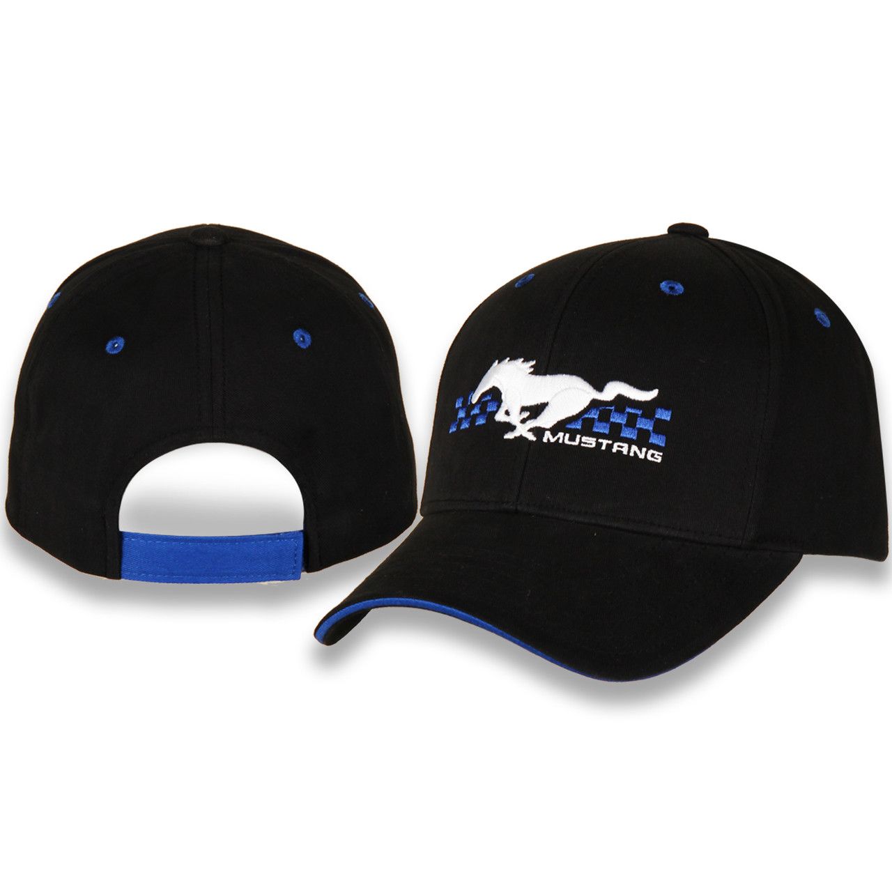 (image for) BLACK HAT WITH MUSTANG AND BLUE CHECKERED FLAG