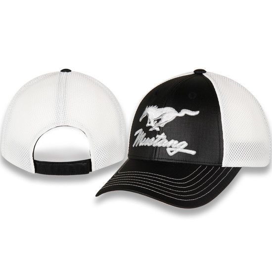 (image for) MUSTANG HAT, WHITE WITH BLACK FRONT PANEL, WHITE RUNNING HORSE