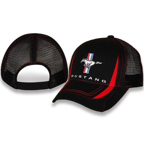 (image for) TRI-BAR MUSTANG HAT, BLACK MESH WITH RED STRIPE