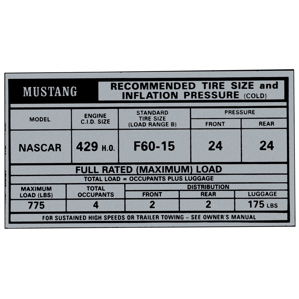 (image for) 69-70 BOSS 429 TIRE PRESSURE DECAL - IN GLOVE BOX