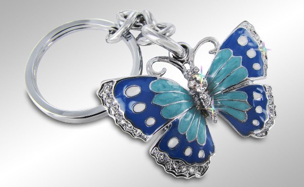 (image for) MUSTANG BLOCK - GREEN AND BLUE BUTTERFLY KEY CHAIN - CLEAR