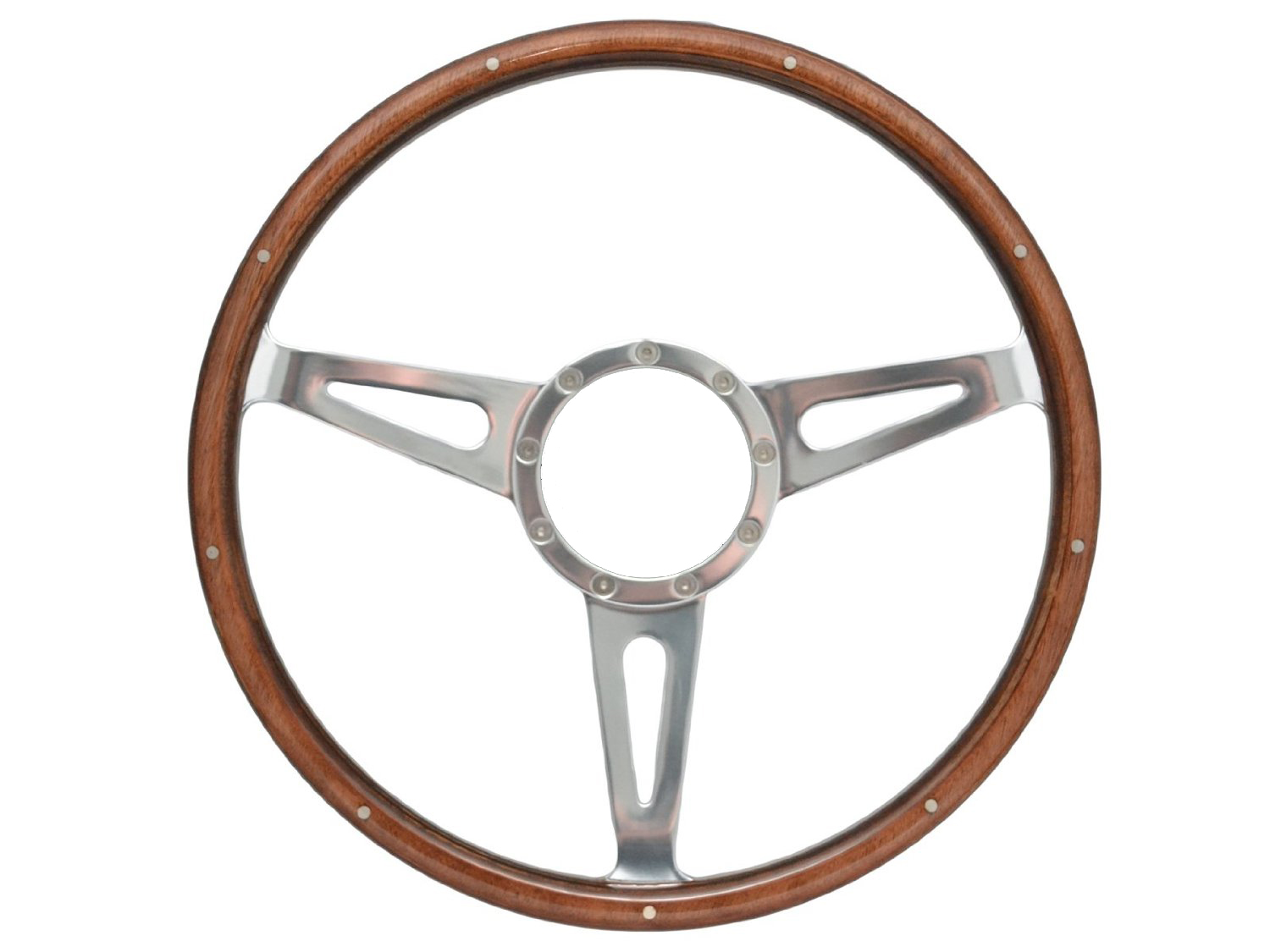 (image for) 15" WOOD 3 SPOKE CHROME STEERING WHEEL - 9 BOLT CENTER - Click Image to Close