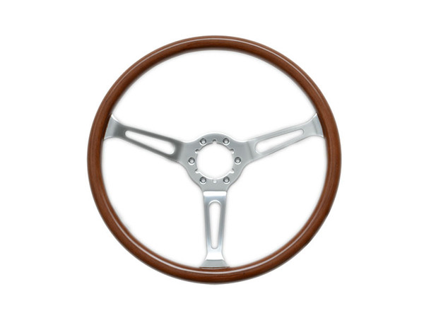 (image for) 15" WOOD 3 SPOKE CHROME STEERING WHEEL - 6 BOLT CENTER SHELBY - Click Image to Close