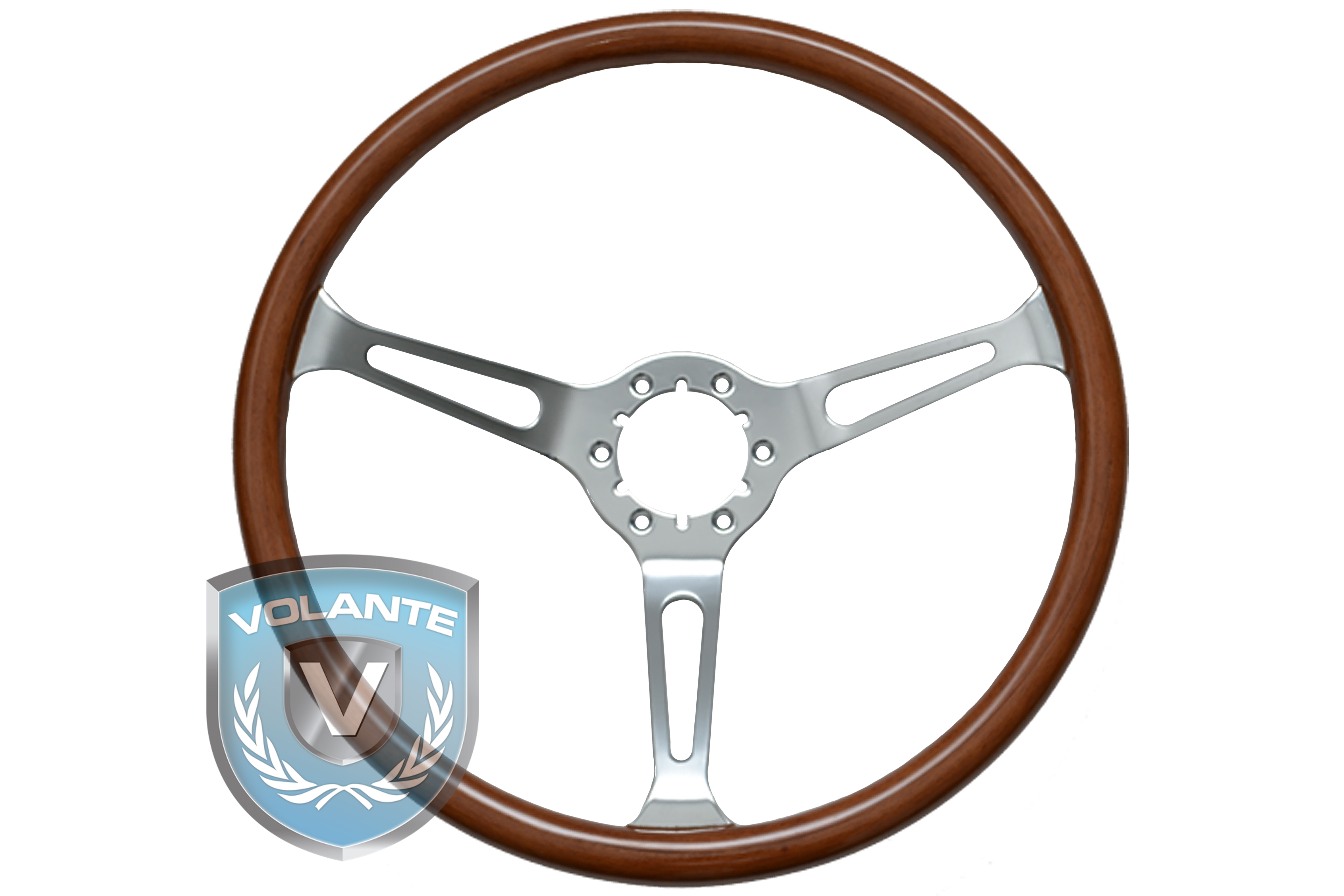 (image for) 15" WOOD 3 SPOKE CHROME STEERING WHEEL - 6 BOLT CENTER - Click Image to Close
